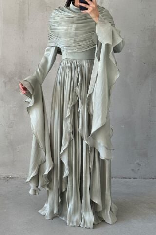 Volan Detaylı Fırfırlı Janjan Tesettür Abiye Mint Yeşili