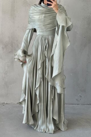 Volan Detaylı Fırfırlı Janjan Tesettür Abiye Mint Yeşili