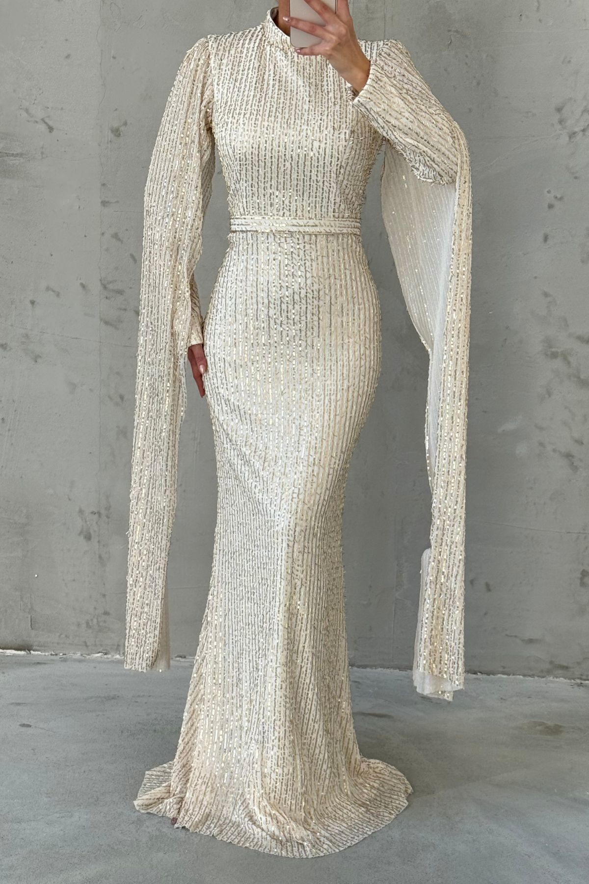 Shimmery Sleeve Detailed Modest Evening Dress Ecru