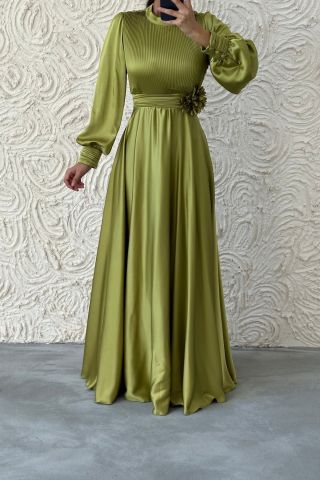 Flower Detailed Pleated Hijab Evening Dress Oil Green