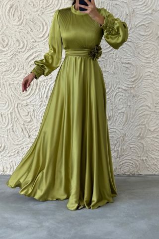 Flower Detailed Pleated Hijab Evening Dress Oil Green