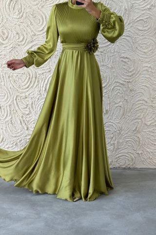 Flower Detailed Pleated Hijab Evening Dress Oil Green