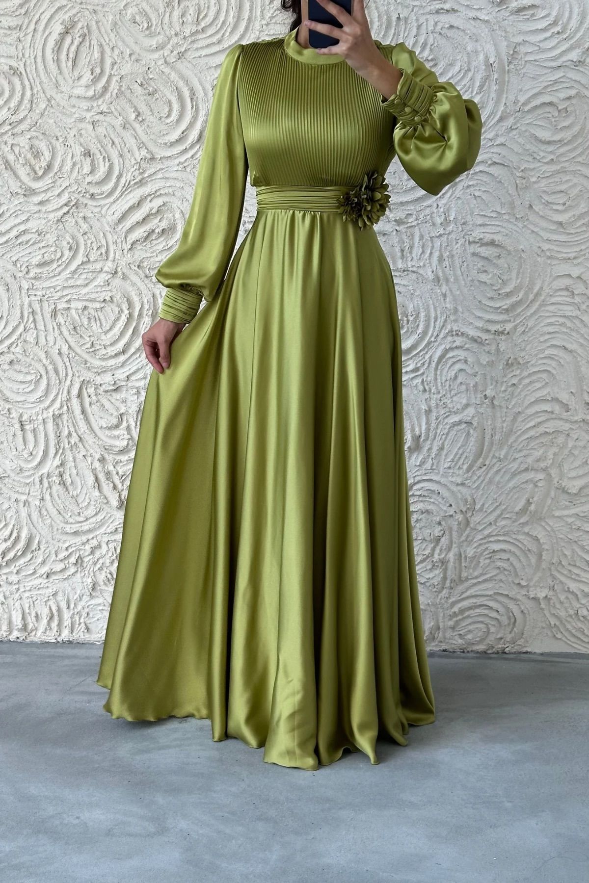 Flower Detailed Pleated Hijab Evening Dress Oil Green