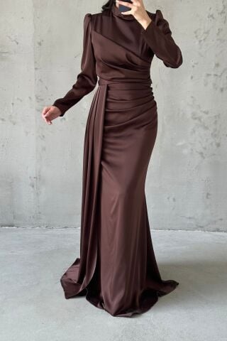 Draped Tail Detailed Hijab Evening Dress Brown