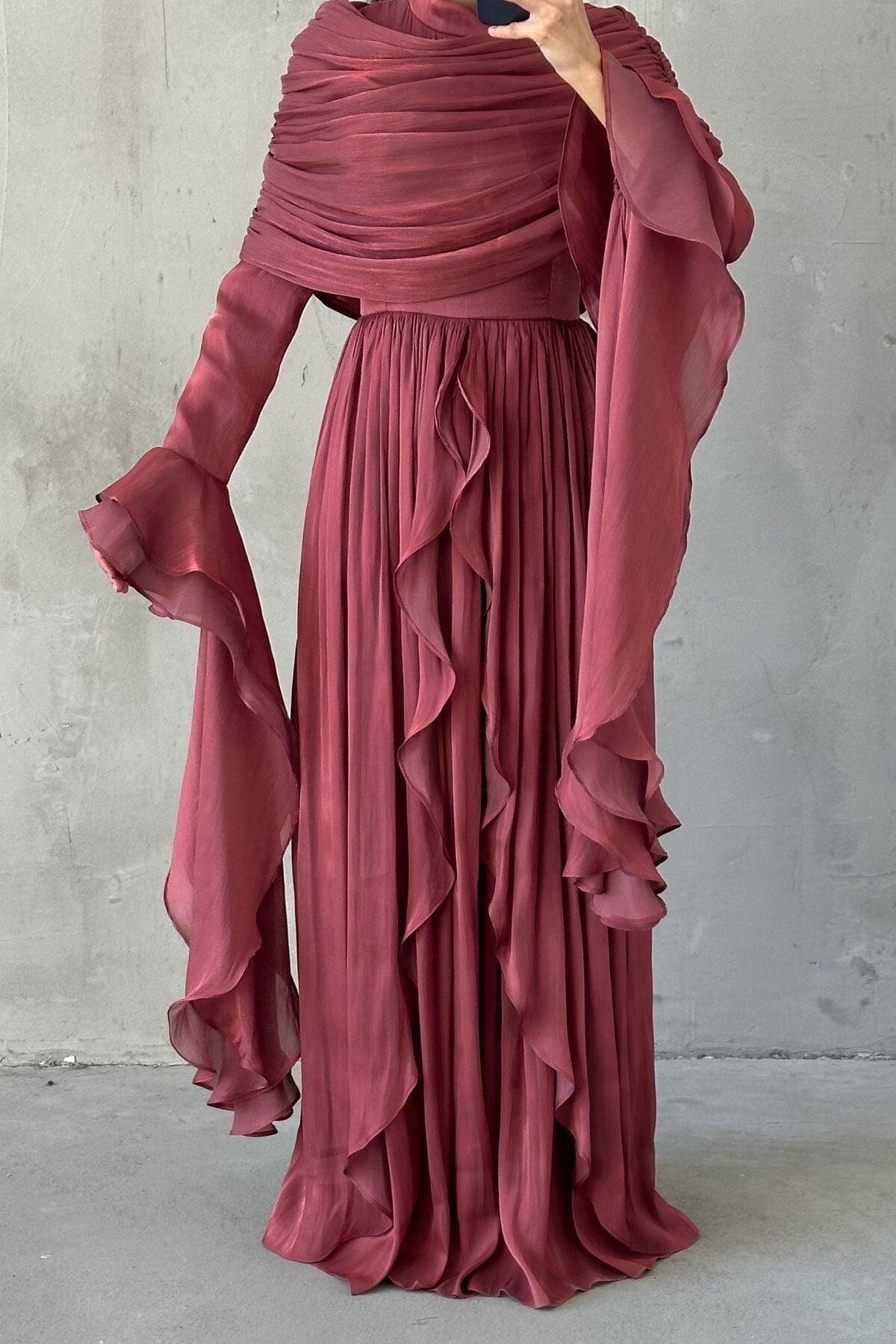 Volan Detaylı Fırfırlı Janjan Tesettür Abiye Gül Kurusu