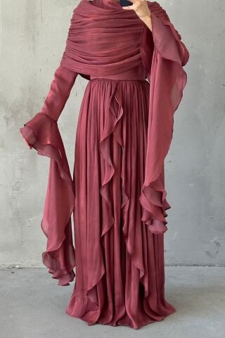 Volan Detaylı Fırfırlı Janjan Tesettür Abiye Gül Kurusu