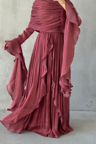 Volan Detaylı Fırfırlı Janjan Tesettür Abiye Gül Kurusu