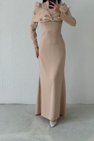 Modern Tasarım Eşsiz Krep Tesettür Abiye Krem