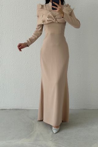 Modern Tasarım Eşsiz Krep Tesettür Abiye Krem
