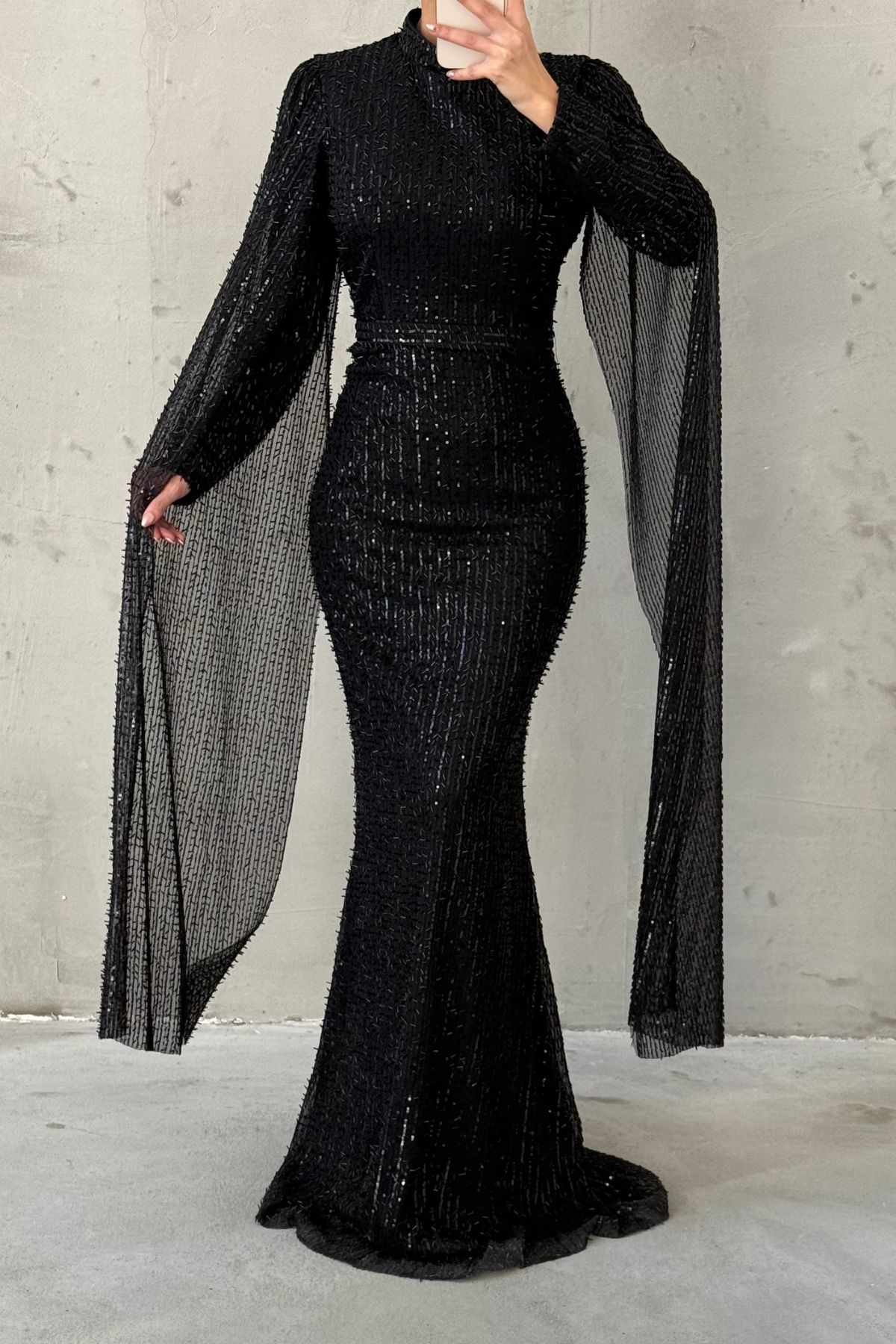 Shimmery Sleeve Detailed Hijab Evening Dress Black