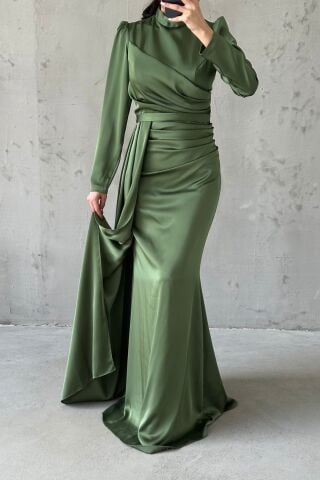 Drapeli Kuyruk Detaylı Tesettür Abiye Haki