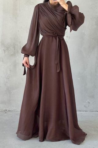 Draped Belt Detailed Janjan Fabric Hijab Evening Dress Brown