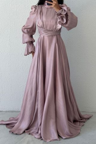 Modern Tasarım Akıcı Organze Tesettür Abiye Vizon