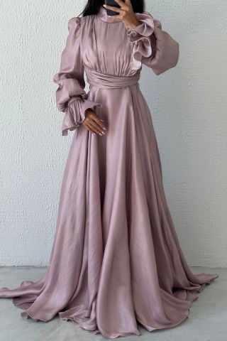 Modern Tasarım Akıcı Organze Tesettür Abiye Vizon