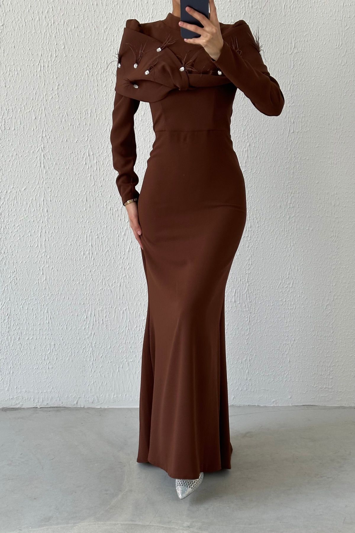 Modern Tasarım Eşsiz Krep Tesettür Abiye Kahverengi
