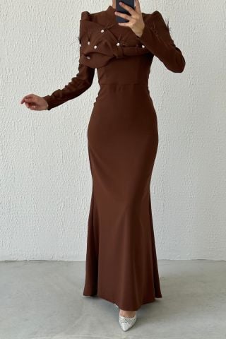 Modern Tasarım Eşsiz Krep Tesettür Abiye Kahverengi