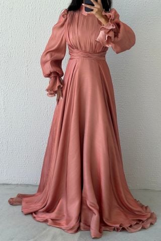 Modern Tasarım Akıcı Organze Tesettür Abiye Pudra