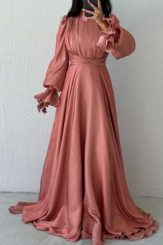 Modern Tasarım Akıcı Organze Tesettür Abiye Pudra