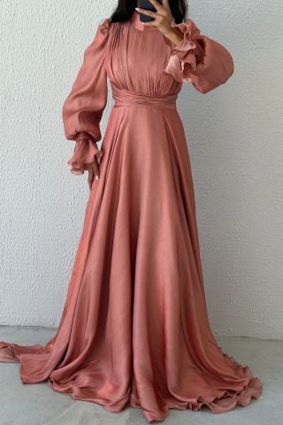 Modern Tasarım Akıcı Organze Tesettür Abiye Pudra