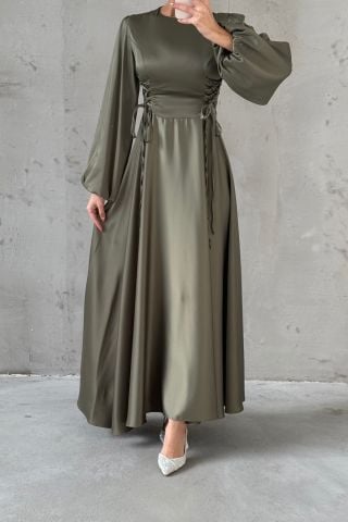 Waist-Tie Balloon Sleeve Satin Hijab Evening Dress Khaki
