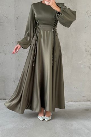 Waist-Tie Balloon Sleeve Satin Hijab Evening Dress Khaki