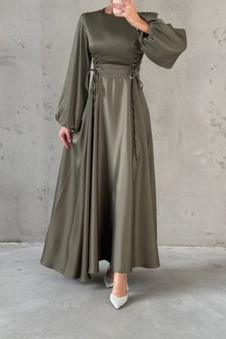 Waist-Tie Balloon Sleeve Satin Hijab Evening Dress Khaki