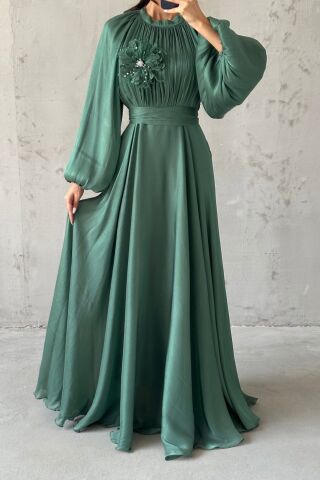 Gül Rüyası Janjan Tesettür Abiye  Yeşil
