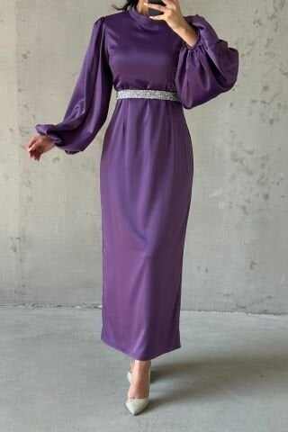 Satin Elegance Stone Belted Hijab Evening Dress Lilac