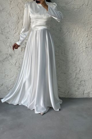 Kuşağı Pilise Detaylı Saten Tesettür Abiye Ekru