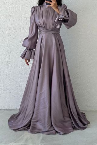 Modern Tasarım Akıcı Organze Tesettür Abiye Lila