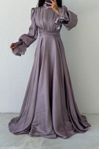Modern Tasarım Akıcı Organze Tesettür Abiye Lila