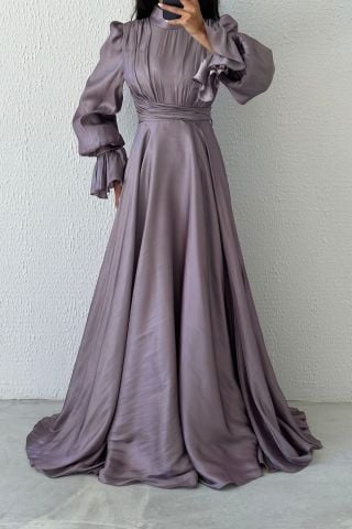 Modern Tasarım Akıcı Organze Tesettür Abiye Lila