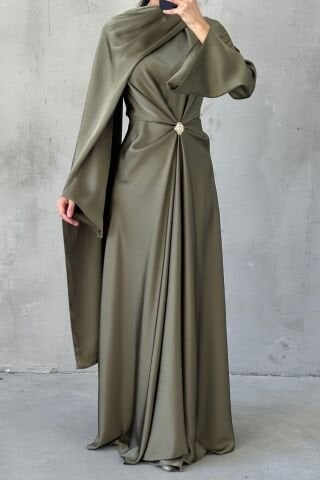 Flowing Fabric and Brooch Detailed Satin Hijab Evening Dress Khaki