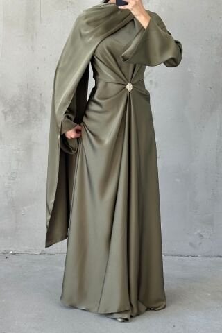 Flowing Fabric and Brooch Detailed Satin Hijab Evening Dress Khaki