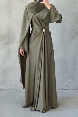 Flowing Fabric and Brooch Detailed Satin Hijab Evening Dress Khaki