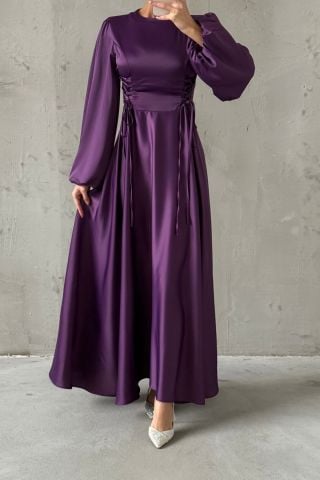 Waist-Tie Balloon Sleeve Satin Hijab Evening Dress Purple