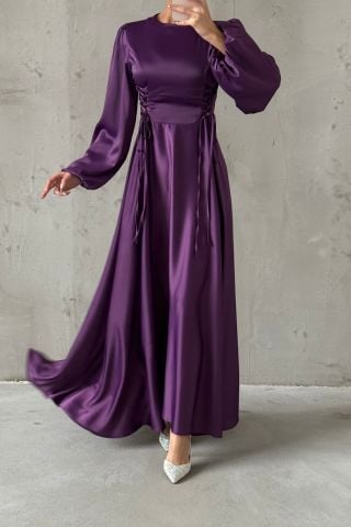 Waist-Tie Balloon Sleeve Satin Hijab Evening Dress Purple