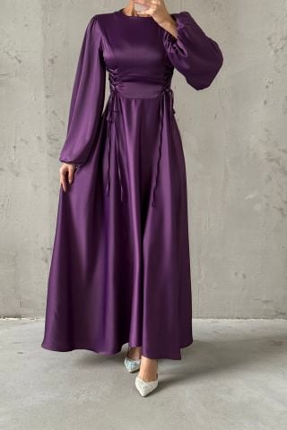 Waist-Tie Balloon Sleeve Satin Hijab Evening Dress Purple