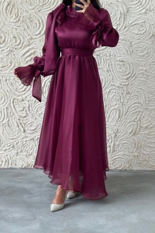 Organza Modest Evening Dress with Belt and Sleeve Tie, Plum