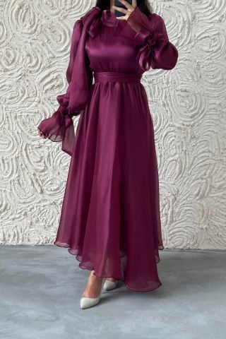 Organza Modest Evening Dress with Belt and Sleeve Tie, Plum