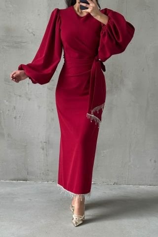 Chain Detailed Waist-Tied Crepe Hijab Evening Dress