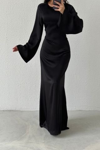 Basic Satin Hijab Evening Dress with Back Tie Detail, Black
