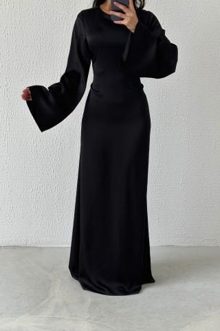 Arkadan Bağlama Detaylı Basic Saten Tesettür Abiye Siyah