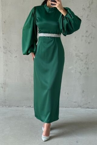 Satin Elegance Stone Belted Hijab Evening Dress Green