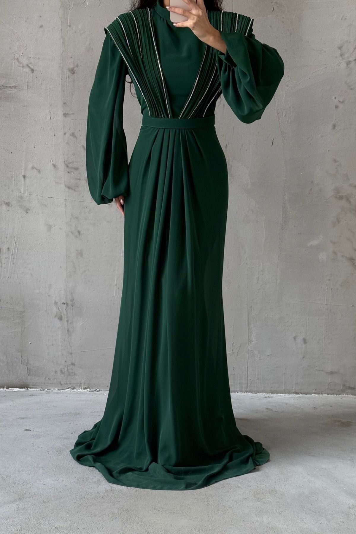 Unique Detailed Chiffon Hijab Evening Dress Green