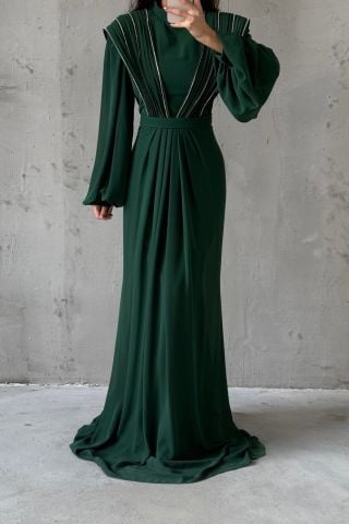 Unique Detailed Chiffon Hijab Evening Dress Green