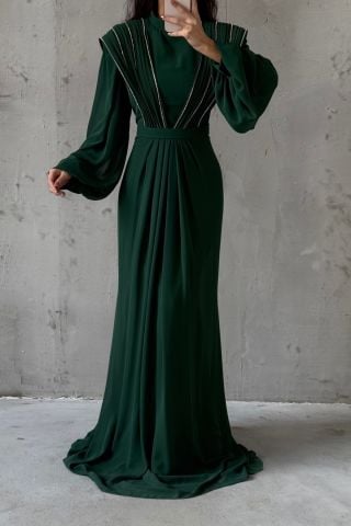 Unique Detailed Chiffon Hijab Evening Dress Green
