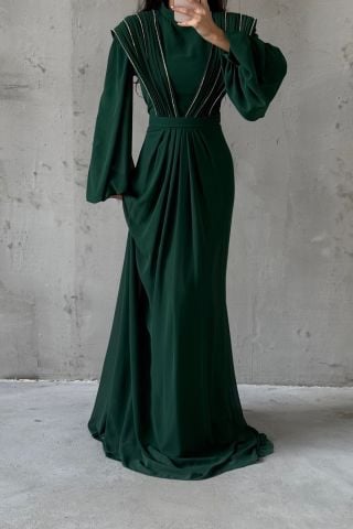 Unique Detailed Chiffon Hijab Evening Dress Green