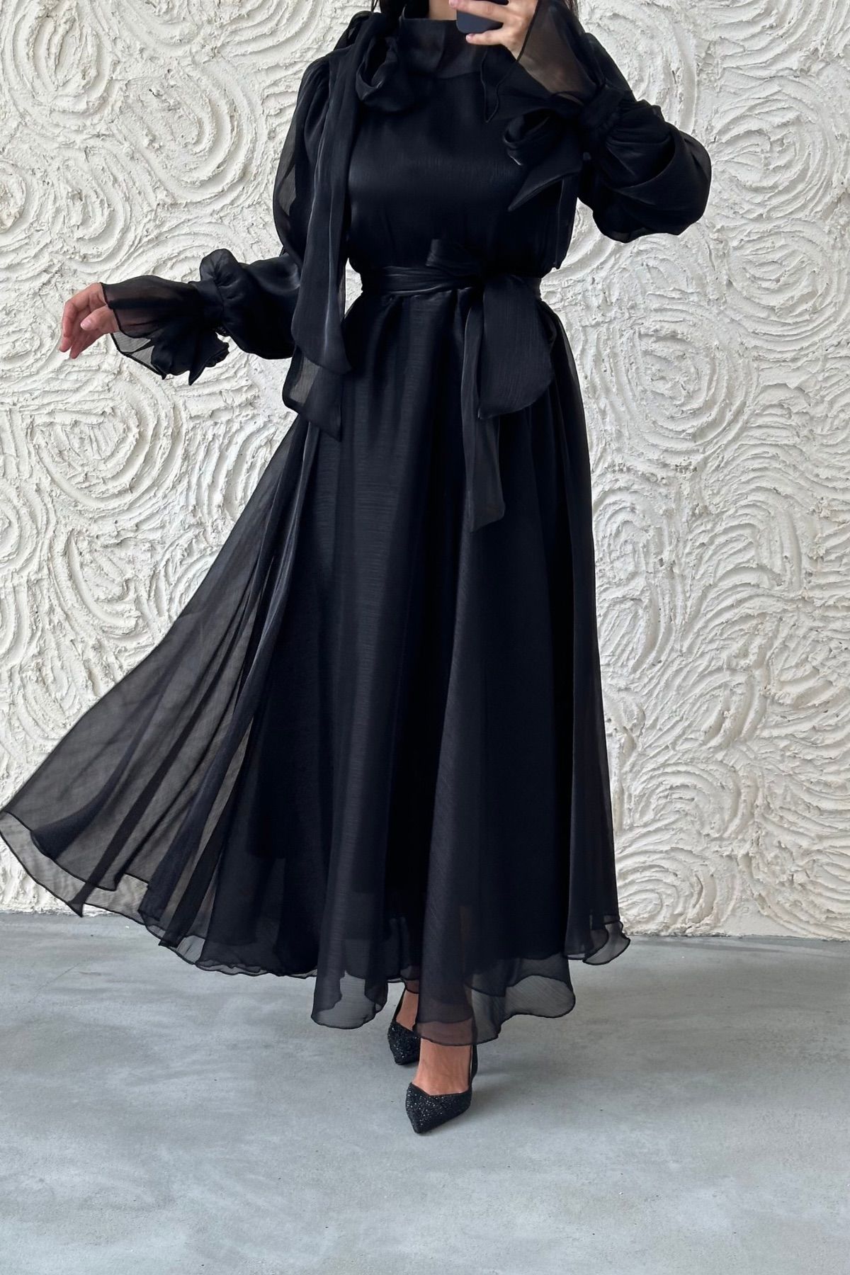 Organza Modest Evening Dress with Belt and Sleeves Black