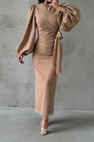 Chain Detailed Waist Tied Crepe Hijab Copper